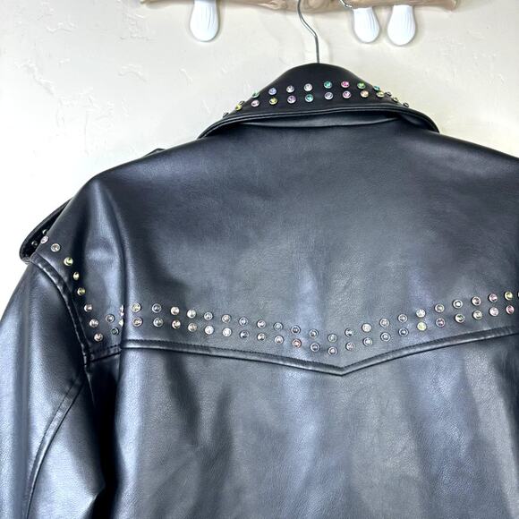 ZARA NWOT Black Faux Leather Rainbow Studded Rhinestone Biker Moto Jacket Medium - Picture 14 of 15